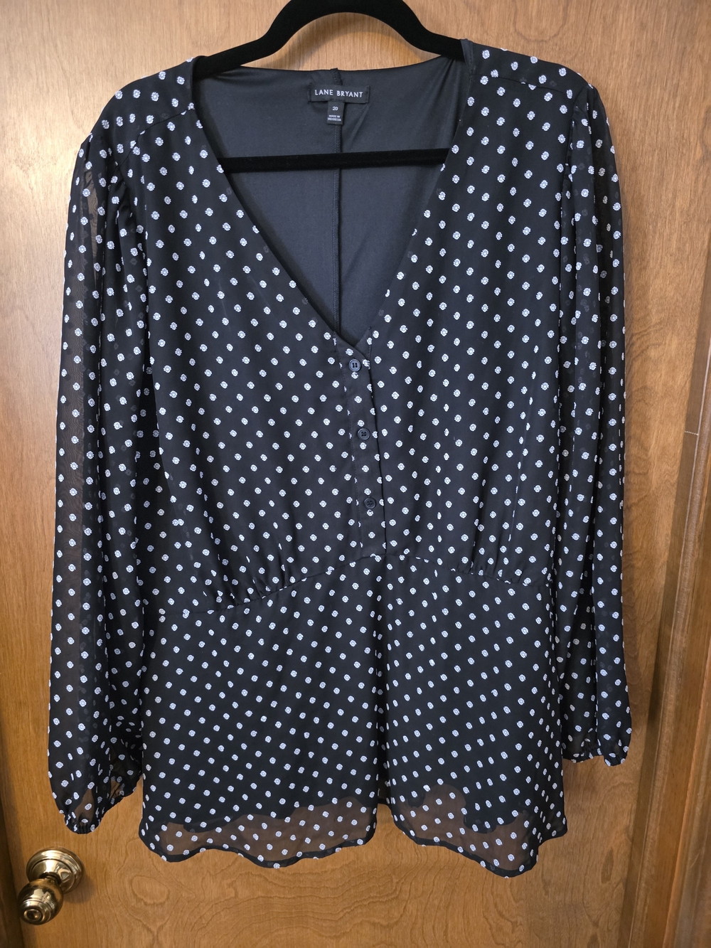 Lane Bryant Black Polka Dot Print V-Neck Blouse